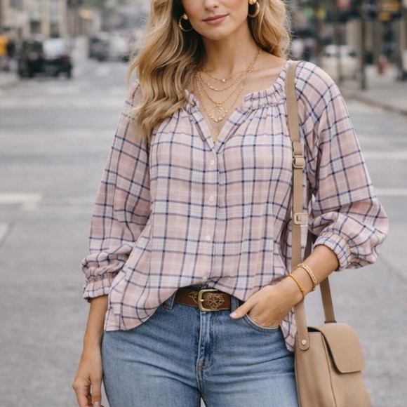 GAP Tops - GAP Pink and Blue Plaid Button Down Shirt